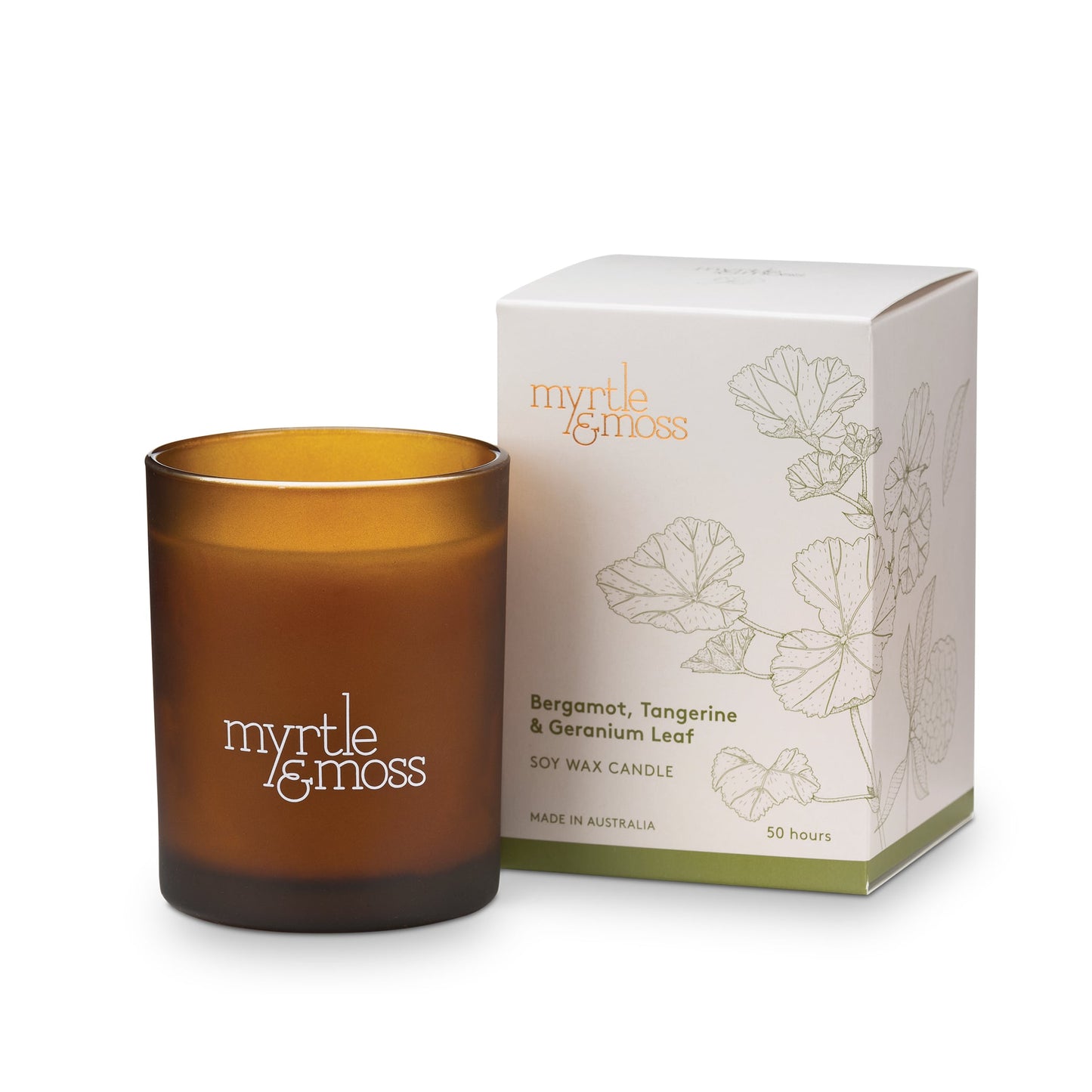 Myrtle and Moss 50hr Soy Wax Candle Bergamot, Tangerine and Geranium Leaf