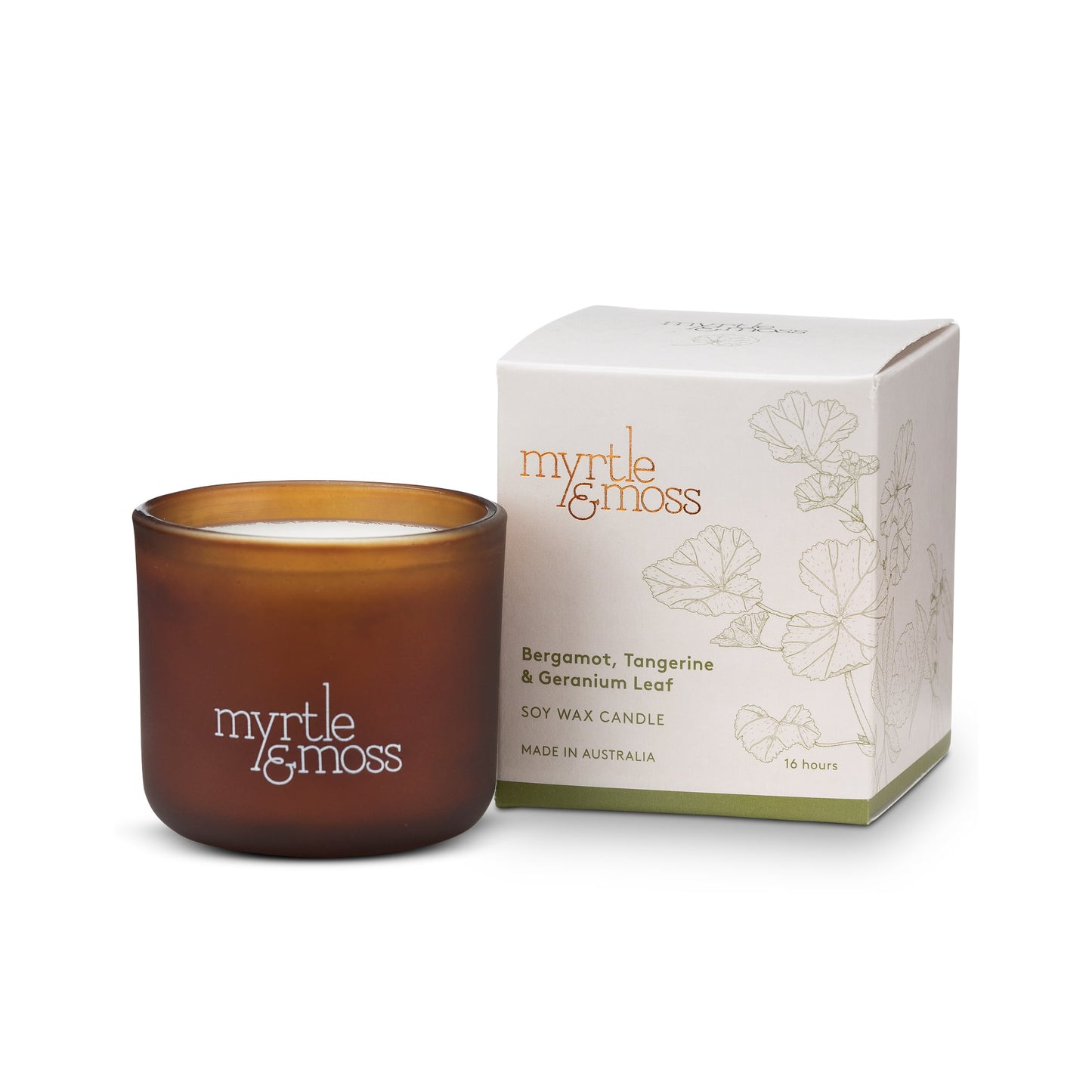 Myrtle and Moss 16hr Soy Wax Candle Bergamot, Tangerine and Geranium Leaf