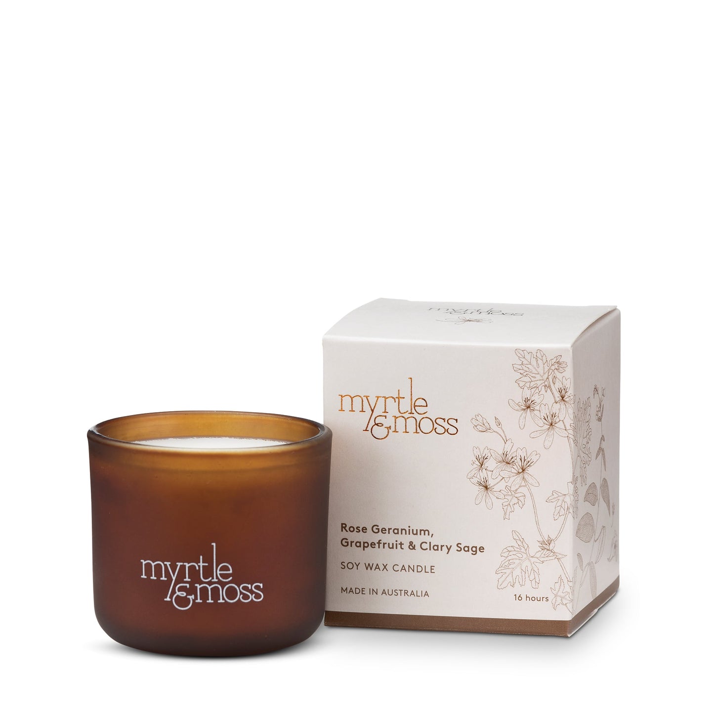 Myrtle and Moss 16hr Soy Wax Candle Rose Geranium, Grapefruit and Clary Sage