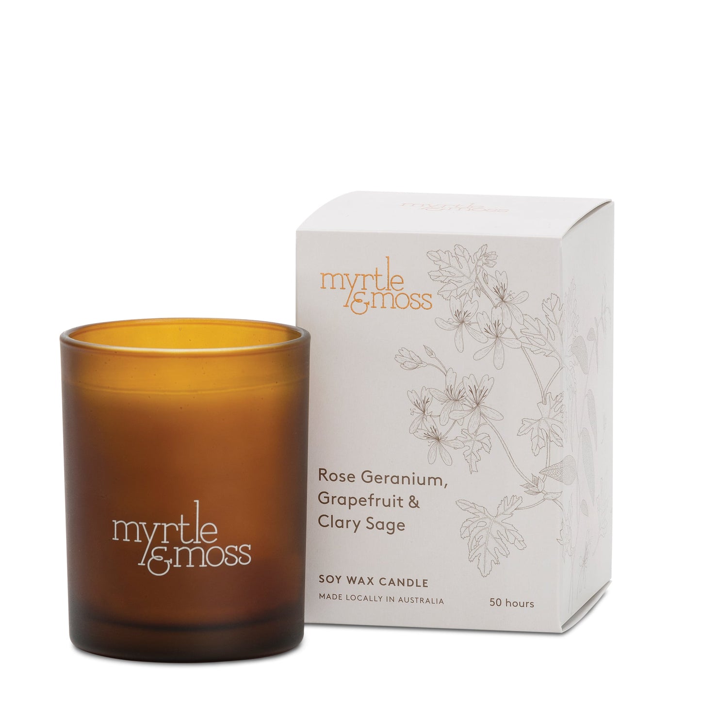 Myrtle and Moss 50hr Soy Wax Candle Rose Geranium, Grapefruit and Clary Sage